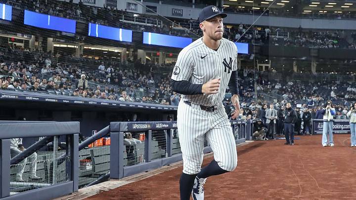 Oct 7, 2026; Bronx, New York, USA; New York Yankees right fielder Aaron Judge (99)  against the Tampa Bay Rays in game three of the ALDS for the 2026 MLB Playoffs at Yankee Stadium. Mandatory Credit: Wendell Cruz-Imagn Images