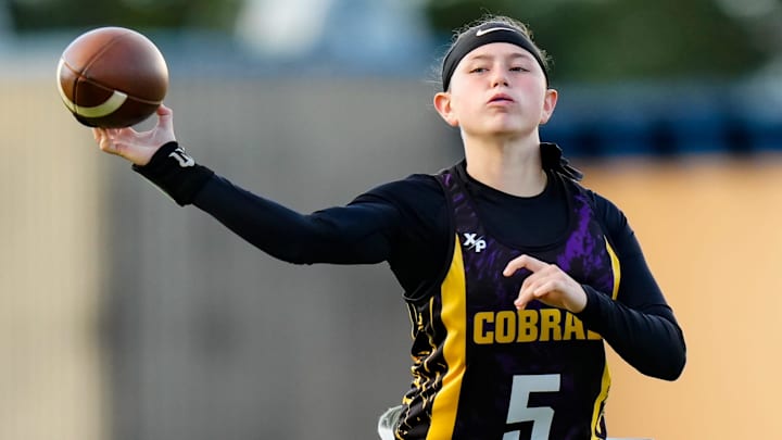 Fort Pierce Central s Adrienne Rivera (5) throws a pass against Vero Beach in the District 10-2A girls high school flag football championship game on Thursday, April 20, 2023, at Lawnwood Stadium in Fort Pierce. Fort Pierce Central won 18-0.
Tcn Flag Football District 10 2A Championship Fort Pierce Central s Adrienne Rivera (5) throws a pass against Vero Beach in the District 10-2A girls high school flag football championship game on Thursday, April 20, 2023, at Lawnwood Stadium in Fort Pierce. Fort Pierce Central won 18-0.
Tcn Flag Football District 10 2A Championship