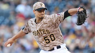 Aug 20, 2015; Pittsburgh, PA, USA; Pittsburgh Pirates starting pitcher Charlie Morton (50) delivers a pitch against the San Francisco Giants during the first inning  at PNC Park. Mandatory Credit: Charles LeClaire-Imagn Images