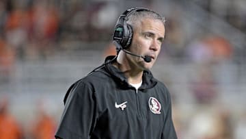Oct 5, 2024; Tallahassee, Florida, USA; Florida State Seminoles head coach Mike Norvell looks on during the second half against the Clemson Tigers at Doak S. Campbell Stadium. Mandatory Credit: Melina Myers-Imagn Images