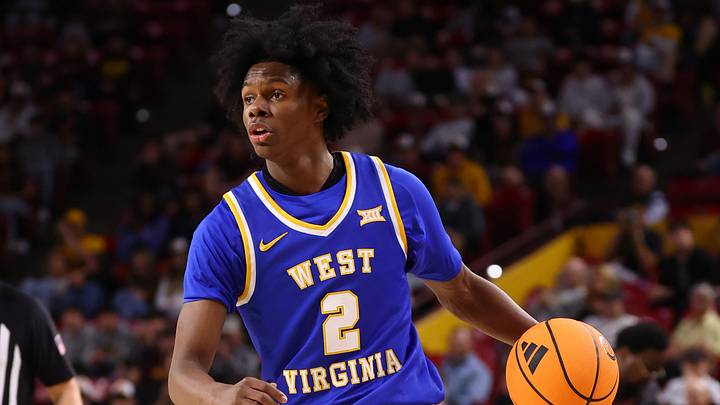 Jan 21, 2026; Tempe, Arizona, USA; West Virginia Mountaineers guard Amir Jenkins (2) against the Arizona State Sun Devils at Desert Financial Arena. Mandatory Credit: Mark J. Rebilas-Imagn Images