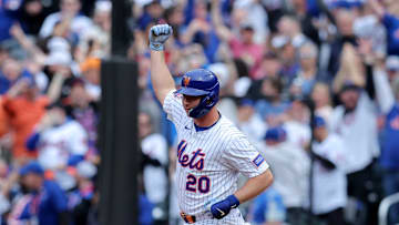 Apr 4, 2025; New York City, New York, USA; New York Mets first baseman Pete Alonso (20) rounds the bases after hitting a two run home run against the Toronto Blue Jays during the first inning at Citi Field. Mandatory Credit: Brad Penner-Imagn Images