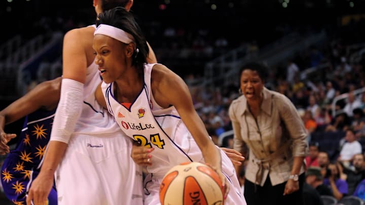 June 4, 2010; Phoenix, AZ, USA; Phoenix Mercury guard DeWanna Bonner (24) drives the ball during the second half in at US Airways Center.  The Mercury defeated the Sparks 90-89.  Mandatory Credit: Jennifer Stewart-Imagn Images
