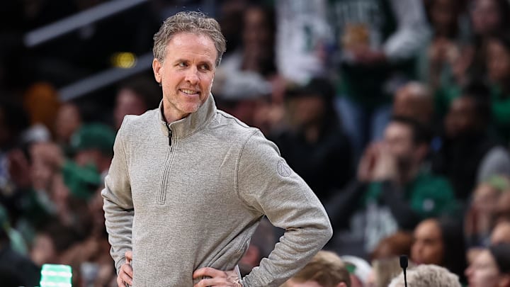 Mar 17, 2024; Washington, District of Columbia, USA; Washington Wizards interim head coach Brian Keefe reacts against the Boston Celtics during the second half of the game at Capital One Arena. Mandatory Credit: Scott Taetsch-Imagn Images