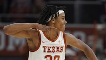 Jan 25, 2025; Austin, Texas, USA; Texas Longhorns guard Tre Johnson (20) reacts after scoring a three point basket during the second half against the Texas A&M Aggies at Moody Center. Mandatory Credit: Scott Wachter-Imagn Images