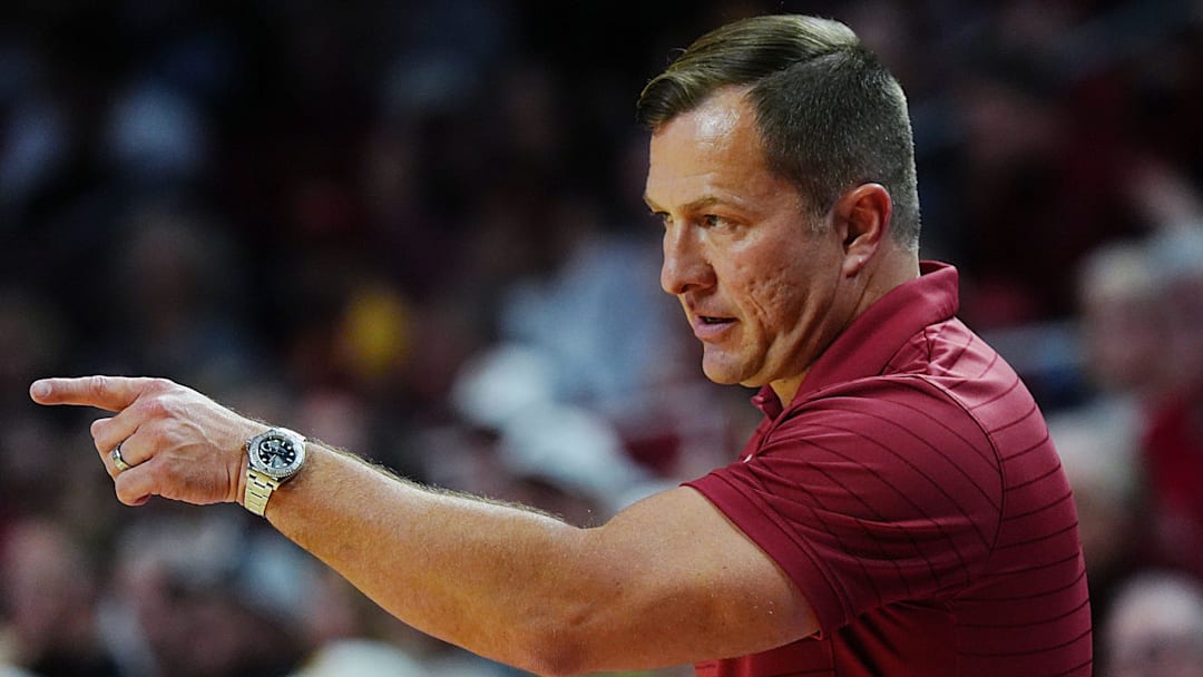 Iowa State Cyclones men's basketball head coach T.J. Otzelberger calls a play during the second half against Oklahoma State in the Big-12 men’s basketball on Jan. 10, 2026, at Hilton Coliseum in Ames, Iowa. 