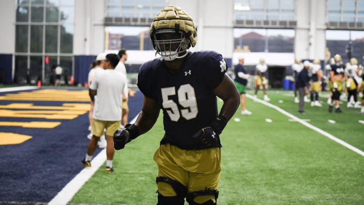 Aamil Wagner OL of the Fighting Irish at practice at the Fighting Irish Athletic Center at Notre Dame on Thursday July 27, 2023.