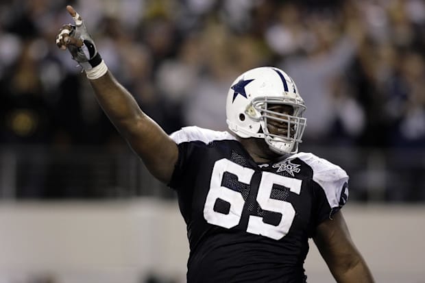 Dallas Cowboys center Andre Gurode reacts after a play against the New Orleans Saints.
