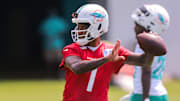 Miami Dolphins quarterback Tua Tagovailoa (1) throws the football during mandatory minicamp at Hard Rock Stadium. 