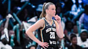 Jun 1, 2025; Brooklyn, New York, USA; New York Liberty guard Sabrina Ionescu (20) during the second half against the Connecticut Sun at Barclays Center. Mandatory Credit: John Jones-Imagn Images