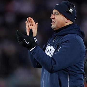 Penn State Nittany Lions head coach James Franklin claps from the sideline during the second quarter against the Maryland Terrapins at Beaver Stadium. Penn State won 44-7. 