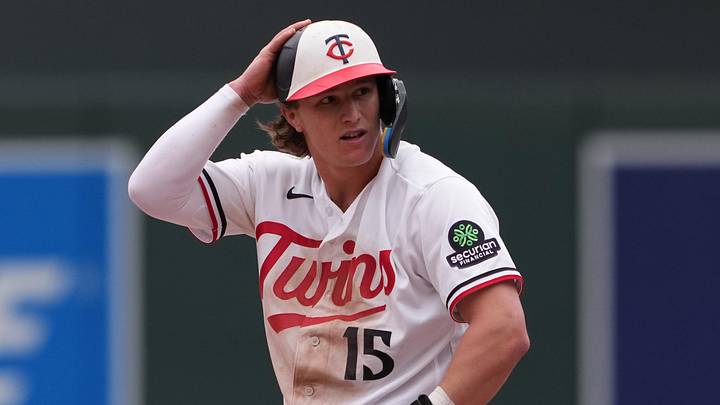 May 14, 2026; Minneapolis, Minnesota, USA; Minnesota Twins second baseman Luke Keaschall (15) reacts after stealing second base during the eighth inning against the Miami Marlins at Target Field. Mandatory Credit: Jordan Johnson-Imagn Images