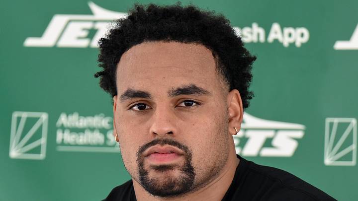 Jul 24, 2025; Florham Park, NY, USA; New York Jets guard Alijah Vera-Tucker (75) speaks to the media during training camp at Atlantic Health Jets Training Center. Mandatory Credit: John Jones-Imagn Images