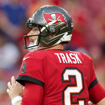 Tampa Bay Buccaneers quarterback Kyle Trask drops back to pass a preseason game against the Tennessee Titans.