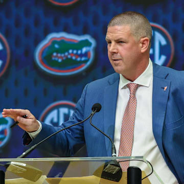 Jul 16, 2025; Atlanta, GA, USA; Florida State Gators head coach Billy Napier talks to the media during the SEC Media Days at Omni Atlanta Hotel. Mandatory Credit: Jordan Godfree-Imagn Images
