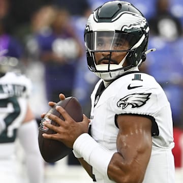 Aug 9, 2024; Baltimore, Maryland, USA;  Philadelphia Eagles quarterback Jalen Hurts (1) looks to throw before a preseason game against the Baltimore Ravens at M&T Bank Stadium. Mandatory Credit: Tommy Gilligan-Imagn Images