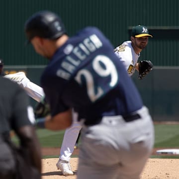 Athletics starting pitcher Gunnar Hoglund (53) delivers a pitch to Seattle Mariners catcher Cal Raleigh (29) during the first inning at Sutter Health Park on May 7.