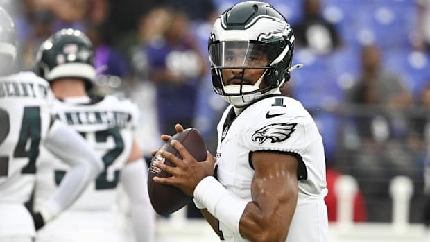 Philadelphia Eagles quarterback Jalen Hurts (1) looks to throw before a preseason game against the Baltimore Ravens