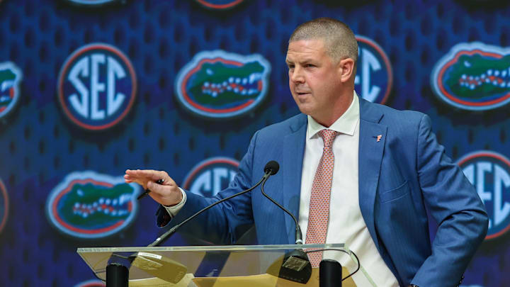 Jul 16, 2025; Atlanta, GA, USA; Florida State Gators head coach Billy Napier talks to the media during the SEC Media Days at Omni Atlanta Hotel. Mandatory Credit: Jordan Godfree-Imagn Images Jul 16, 2025; Atlanta, GA, USA; Florida State Gators head coach Billy Napier talks to the media during the SEC Media Days at Omni Atlanta Hotel. Mandatory Credit: Jordan Godfree-Imagn Images