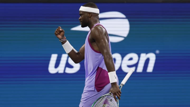 Aug 26, 2024; Flushing, NY, USA; Frances Tiafoe (USA) reacts after winning a point against Aleksandar Kovacevic (USA)(not pictured) in a men's singles match on day one of the 2024 U.S. Open tennis tournament at USTA Billie Jean King National Tennis Center. Mandatory Credit: Geoff Burke-USA TODAY Sports