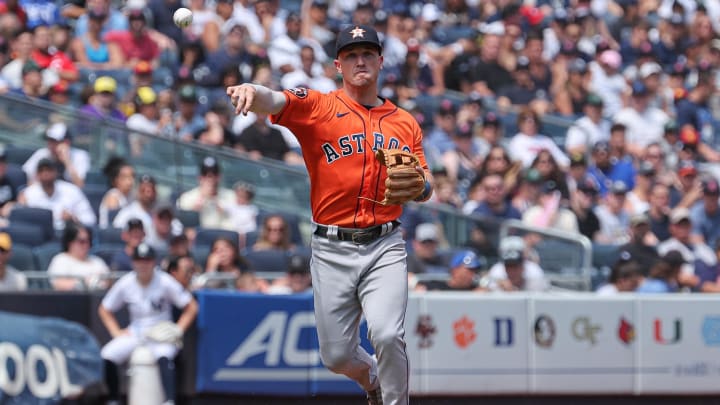 Aug 6, 2023; Bronx, New York, USA; Houston Astros third baseman Alex Bregman (2) throws the ball to first base for an out during the second inning against the New York Yankees at Yankee Stadium. Mandatory Credit: Vincent Carchietta-USA TODAY Sports
