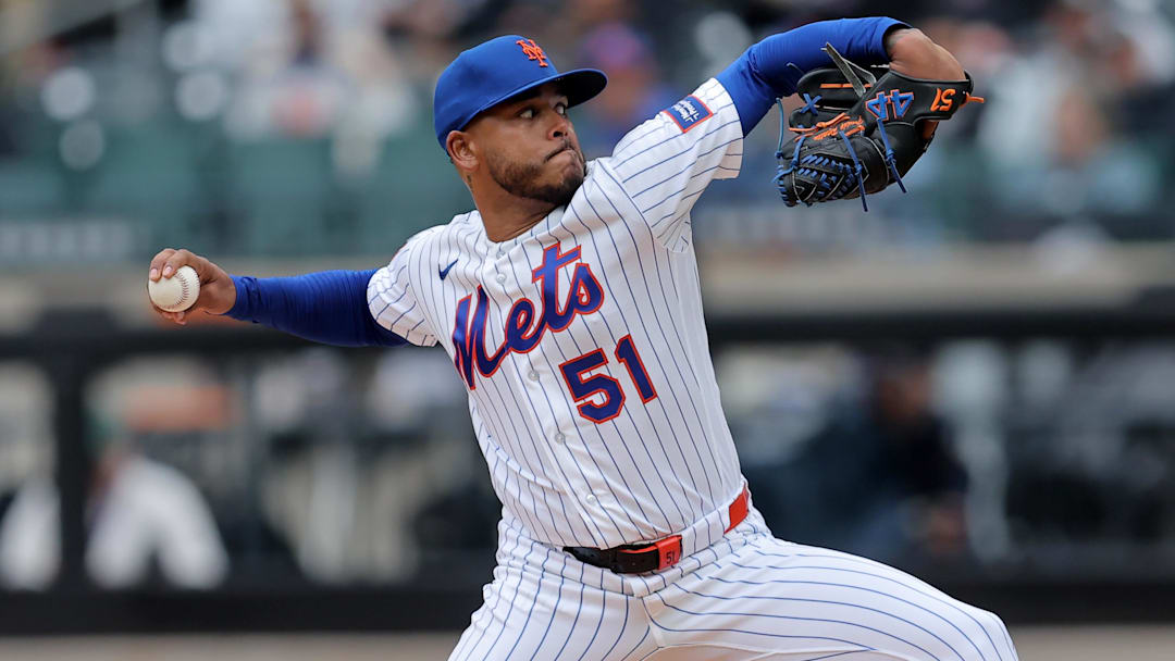 Apr 30, 2026; New York City, New York, USA; New York Mets starting pitcher Freddy Peralta (51) pitches against the Washington Nationals during the first inning at Citi Field. Mandatory Credit: Brad Penner-Imagn Images