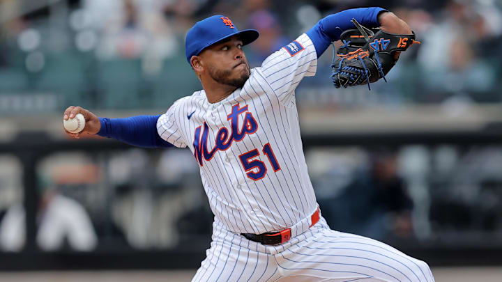 Apr 30, 2026; New York City, New York, USA; New York Mets starting pitcher Freddy Peralta (51) pitches against the Washington Nationals during the first inning at Citi Field. Mandatory Credit: Brad Penner-Imagn Images