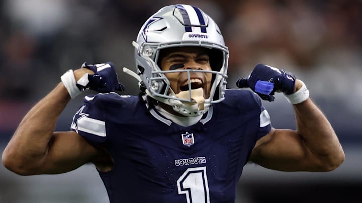 Jan 5, 2025; Arlington, Texas, USA; Dallas Cowboys wide receiver Jalen Tolbert (1) reacts after making a first down against the Washington Commanders during the second half at AT&T Stadium.