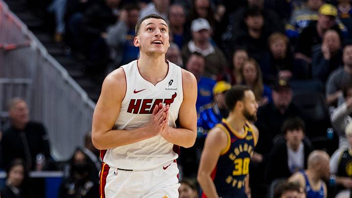 Miami Heat forward Nikola Jovic (5) reacts (Mandatory Credit: John Hefti-Imagn Images)