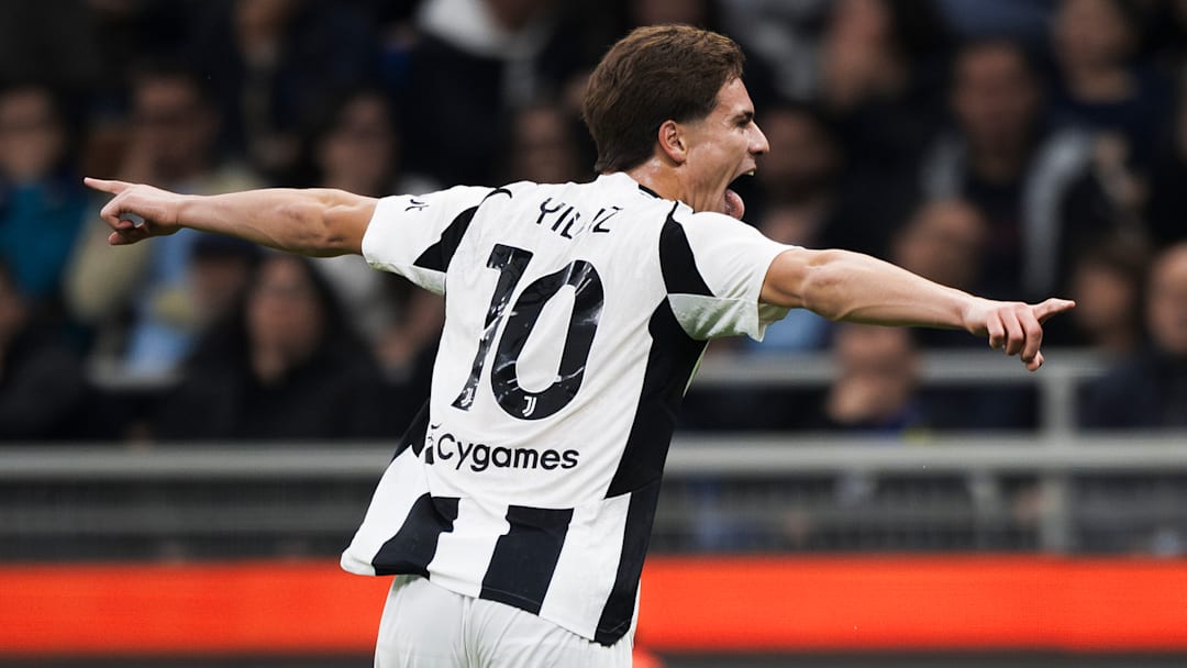 Kenan Yildiz of Juventus FC celebrates after scoring a goal...