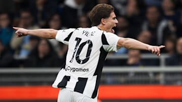 Kenan Yildiz of Juventus FC celebrates after scoring a goal...