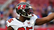 Tampa Bay Buccaneers defensive end Elijah Roberts (95) against the Buffalo Bills prior to the game at Raymond James Stadium. 