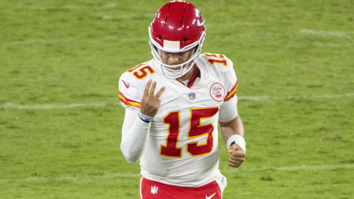 Sep 28, 2020; Baltimore, Maryland, USA;  Kansas City Chiefs quarterback Patrick Mahomes (15) reacts after throwing a fourth quarter touchdown  against the Baltimore Ravens at M&T Bank Stadium. Mandatory Credit: Tommy Gilligan-USA TODAY Sports