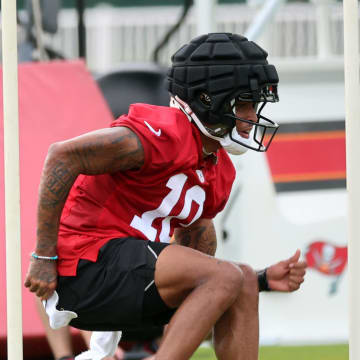 Jul 25, 2024; Tampa, FL, USA;  Tampa Bay Buccaneers wide receiver Trey Palmer (10) works out during training camp at AdventHealth Training Center. Mandatory Credit: Kim Klement Neitzel-USA TODAY Sports