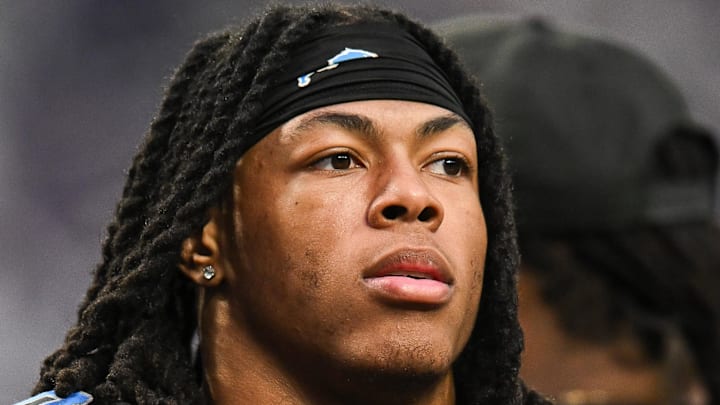 Dec 25, 2025; Minneapolis, Minnesota, USA; Detroit Lions running back Jahmyr Gibbs (0) looks on before the game against the Minnesota Vikings at U.S. Bank Stadium. Mandatory Credit: Jeffrey Becker-Imagn Images