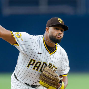 Aug 2, 2025; San Diego, California, USA; San Diego Padres starting pitcher Randy Vasquez (98) throws a pitch during the first inning against the St. Louis Cardinals at Petco Park. Mandatory Credit: David Frerker-Imagn Images
