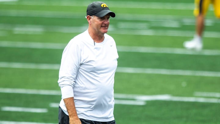 Iowa defensive coordinator Phil Parker walks on the field during a Hawkeyes football Kids Day scrimmage, Saturday, Aug. 10, 2019, at Kinnick Stadium in Iowa City, Iowa.

190810 Kids Day 125 Jpg