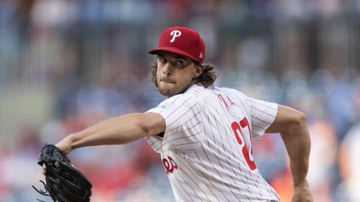 Philadelphia Phillies pitcher Aaron Nola (27) throws a pitch during the first inning against the Houston Astros at Citizens Bank Park on Aug 27.