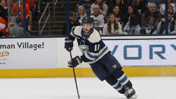 Columbus Blue Jackets left wing Johnny Gaudreau (13) carries the puck against the Philadelphia Flyers during the first period at Nationwide Arena on April 6.