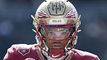 Oct 11, 2025; Tallahassee, Florida, USA; Florida State Seminoles quarterback Thomas Castellanos (1) before the game against the Pittsburgh Panthers at Doak S. Campbell Stadium. Mandatory Credit: Melina Myers-Imagn Images