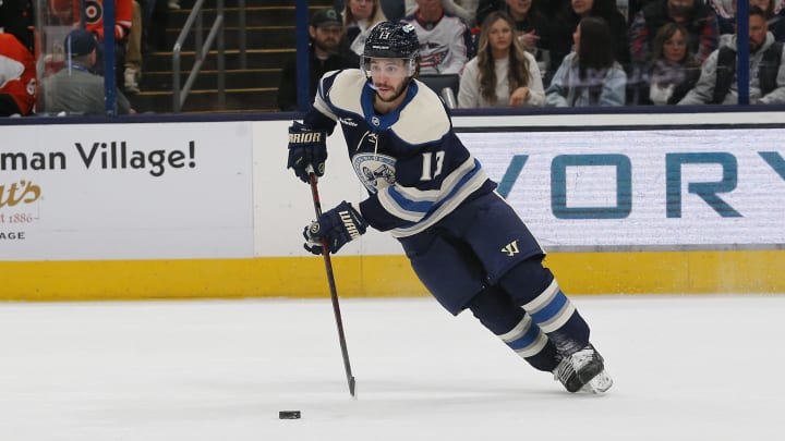 Apr 6, 2024; Columbus, Ohio, USA; Columbus Blue Jackets left wing Johnny Gaudreau (13) carries the puck against the Philadelphia Flyers during the first period at Nationwide Arena. Mandatory Credit: Russell LaBounty-USA TODAY Sports