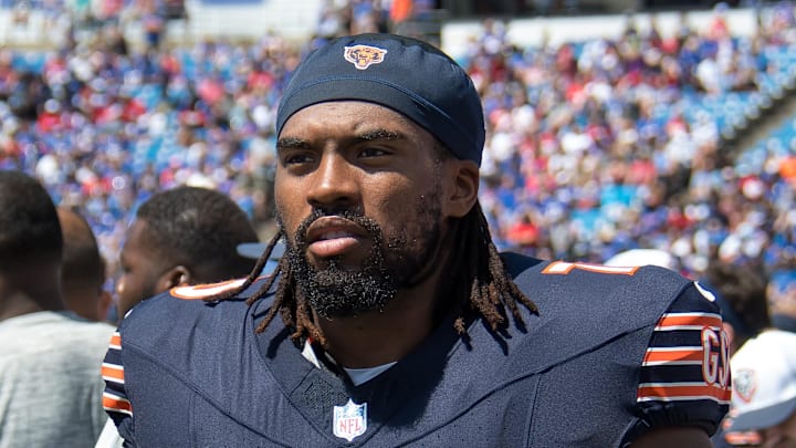 Aug 10, 2024; Orchard Park, New York, USA; Chicago Bears offensive tackle Braxton Jones (70) on the sidelines during a pre-season game against the Buffalo Bills at Highmark Stadium. Mandatory Credit: Mark Konezny-Imagn Images