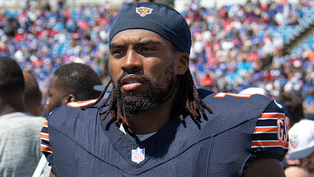 Chicago Bears offensive tackle Braxton Jones (70) on the sidelines during a pre-season game against the Buffalo Bills.