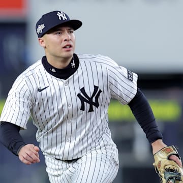 Oct 8, 2025; Bronx, New York, USA; New York Yankees shortstop Anthony Volpe (11) during the third inning of game four of the ALDS round of the 2025 MLB playoffs against the Toronto Blue Jays at Yankee Stadium. Mandatory Credit: Brad Penner-Imagn Images