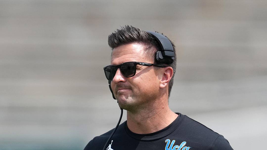 May 2, 2026; Pasadena, CA, USA; UCLA Bruins coach Bob Chesney reacts during the spring game at Rose Bowl. Mandatory Credit: Kirby Lee-Imagn Images