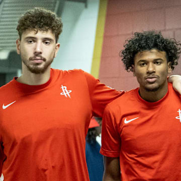 Dec 23, 2023; New Orleans, Louisiana, USA;  Houston Rockets center Alperen Sengun (28) and guard Jalen Green (4) come out the locker room to play against the New Orleans Pelicans before the first half at Smoothie King Center. Mandatory Credit: Stephen Lew-Imagn Images