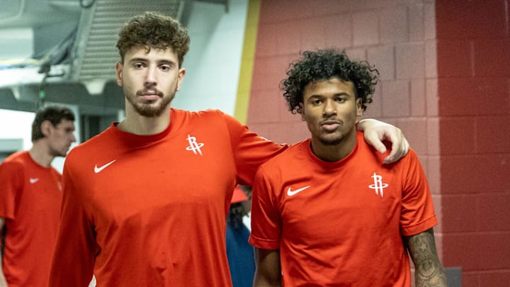 Dec 23, 2023; New Orleans, Louisiana, USA;  Houston Rockets center Alperen Sengun (28) and guard Jalen Green (4) come out the locker room to play against the New Orleans Pelicans before the first half at Smoothie King Center. Mandatory Credit: Stephen Lew-Imagn Images