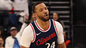 Jan 13, 2025; Inglewood, California, USA; LA Clippers guard Norman Powell (24) reacts to a basket during the third quarter against the Miami Heat at Intuit Dome. Mandatory Credit: Jason Parkhurst-Imagn Images