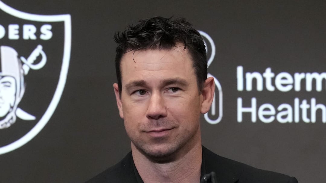 Apr 24, 2026; Henderson, NV, USA; Las Vegas Raiders coach Klint Kubiak at press conference at Intermountain Health Performance Center. Mandatory Credit: Kirby Lee-Imagn Images
