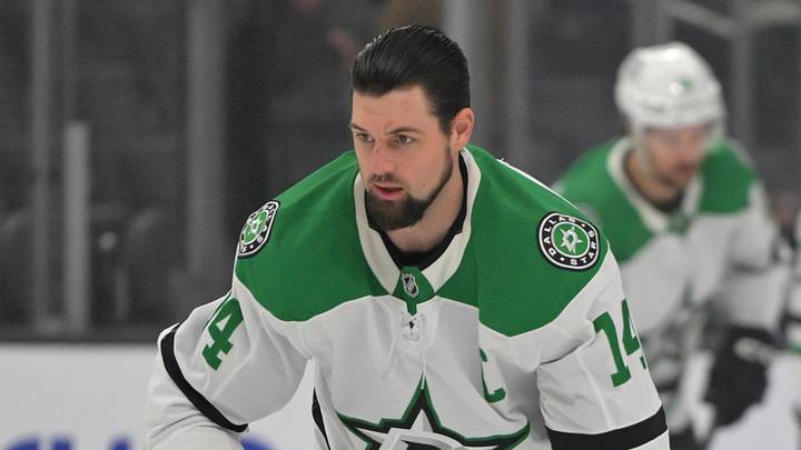 Jan 12, 2026; Los Angeles, California, USA;  Dallas Stars left wing Jamie Benn (14) warms up prior to the game against the Los Angeles Kings at Crypto.com Arena. Mandatory Credit: Jayne Kamin-Oncea-Imagn Images